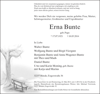 Traueranzeige von Erna Bunte von Neue Westfälische