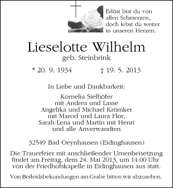 Traueranzeige von Lieselotte Wilhelm von Neue Westfälische