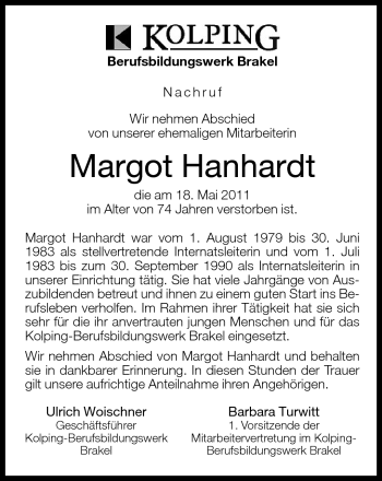 Traueranzeige von Margot Hanhardt von Neue Westfälische