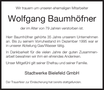Traueranzeige von Wolfgang Baumhöfner von Neue Westfälische