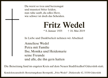 Traueranzeige von Fritz Wedel von Neue Westfälische