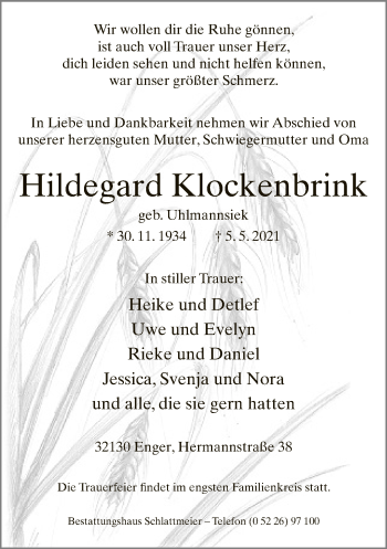 Traueranzeige von Hildegard Klockenbrink von Neue Westfälische