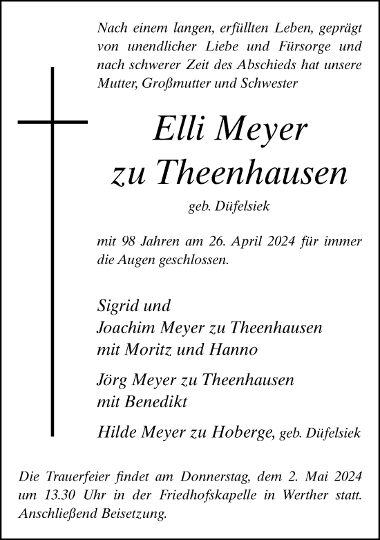 Traueranzeige von Elli Meyer zu Theenhausen von Neue Westfälische