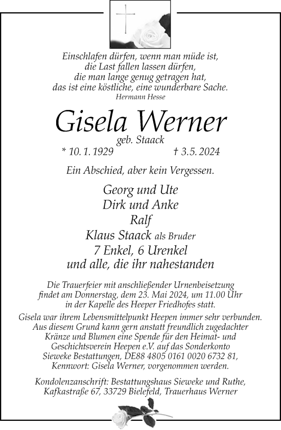 Traueranzeige von Gisela Werner von Neue Westfälische