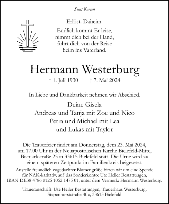 Traueranzeige von Hermann Westerburg von Neue Westfälische