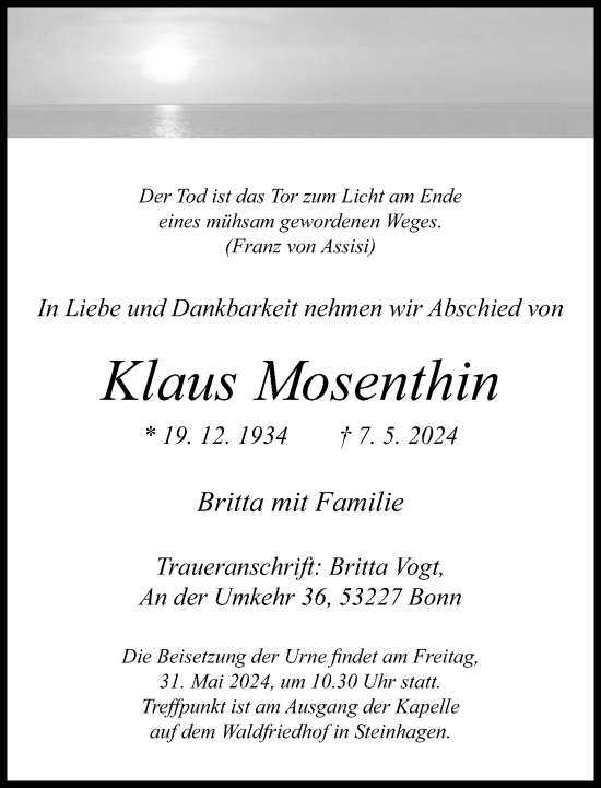 Traueranzeige von Klaus Mosenthin von Neue Westfälische