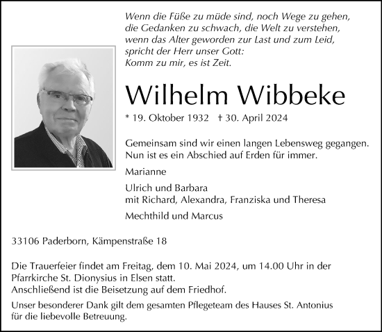 Traueranzeige von Wilhelm Wibbeke von Neue Westfälische