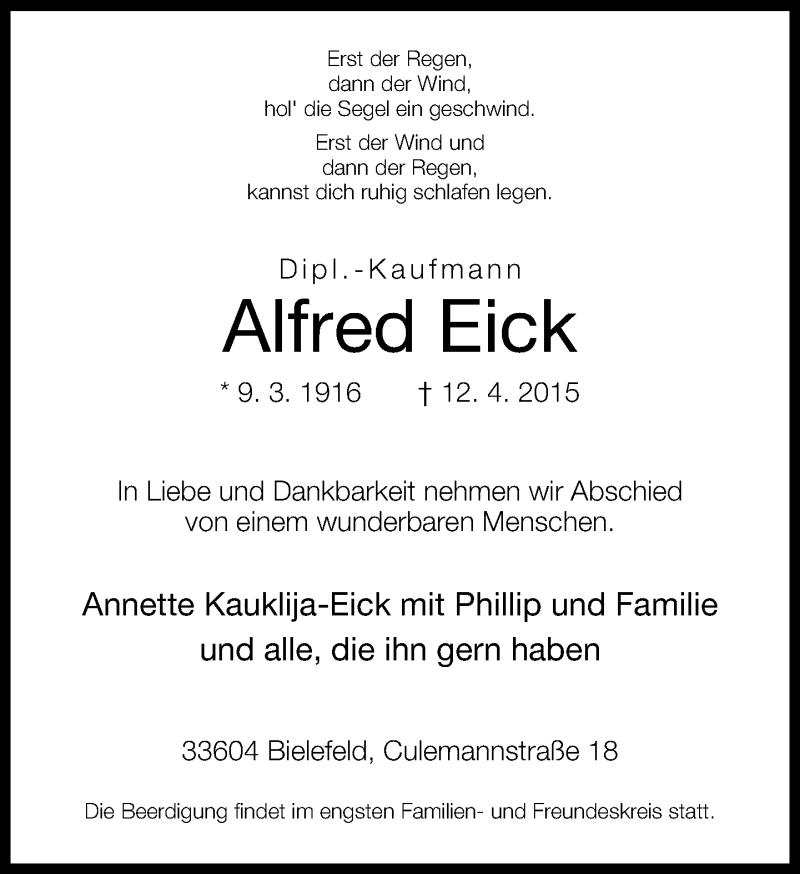  Traueranzeige für Alfred Eick vom 16.04.2015 aus Neue Westfälische