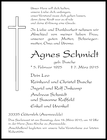 Traueranzeige von Agnes Schmidt von Neue Westfälische