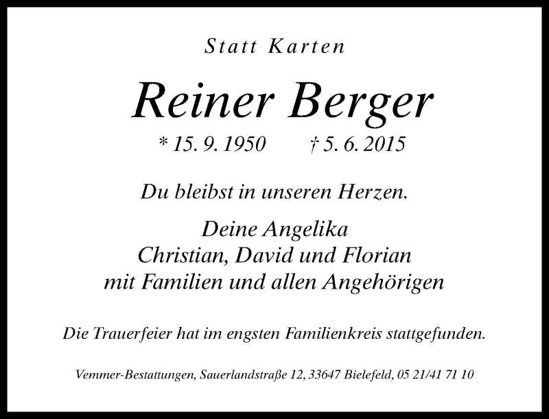  Traueranzeige für Reiner Berger vom 13.06.2015 aus Neue Westfälische
