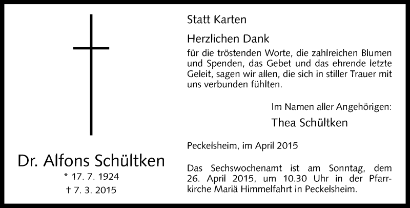  Traueranzeige für  Schültken Martina Wiese vom 18.04.2015 aus Neue Westfälische