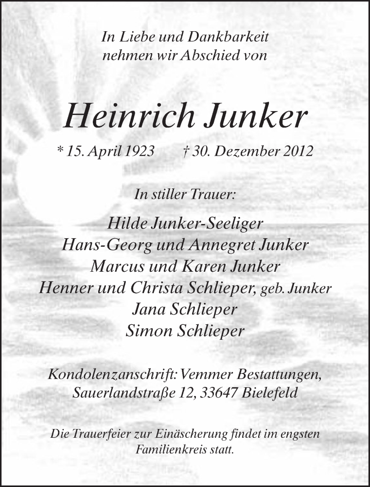  Traueranzeige für Heinrich Junker vom 02.01.2013 aus Neue Westfälische