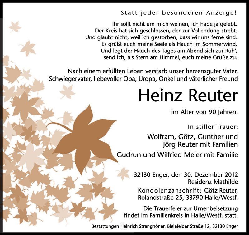  Traueranzeige für Heinz Reuter vom 02.01.2013 aus Neue Westfälische