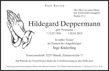 Traueranzeige von Hildegard Deppermann von Neue Westfälische