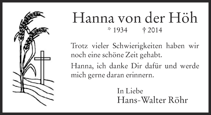  Traueranzeige für Hanna von der Höh vom 07.01.2015 aus Neue Westfälische