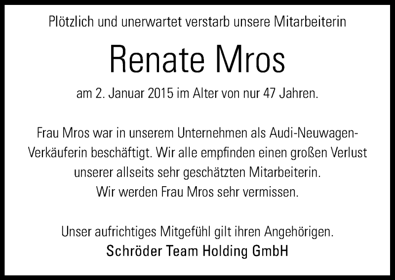  Traueranzeige für Renate Mros vom 06.01.2015 aus Neue Westfälische