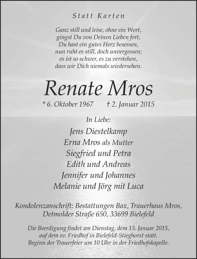  Traueranzeige für Renate Mros vom 07.01.2015 aus Neue Westfälische