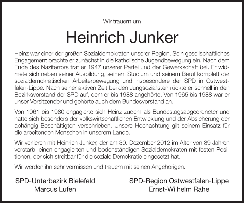  Traueranzeige für Heinrich Junker vom 04.01.2013 aus Neue Westfälische