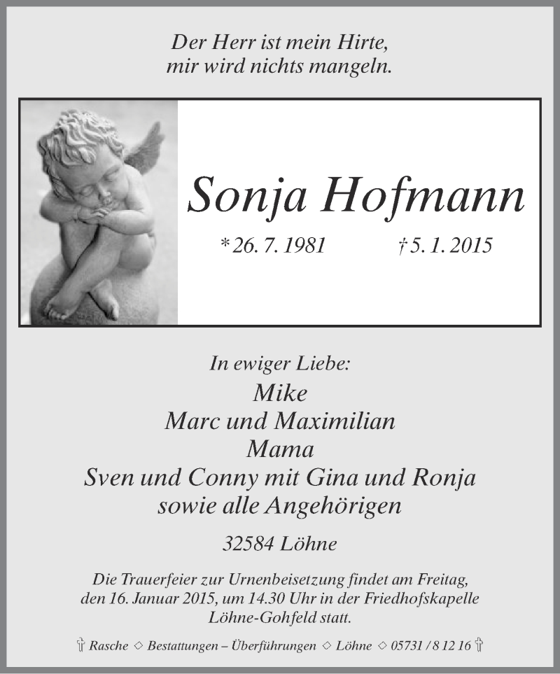  Traueranzeige für Sonja Hofmann vom 14.01.2015 aus Neue Westfälische