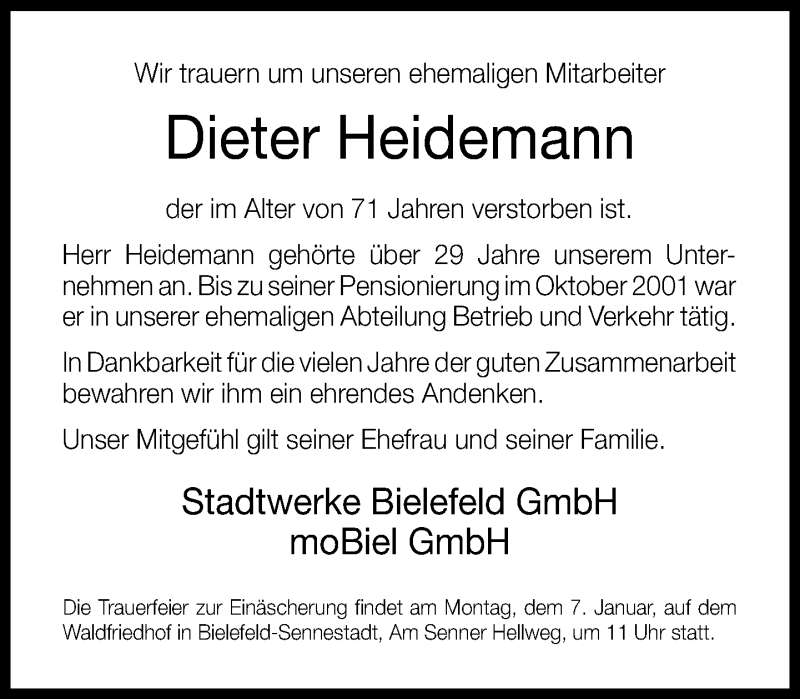  Traueranzeige für Dieter Heidemann vom 04.01.2013 aus Neue Westfälische