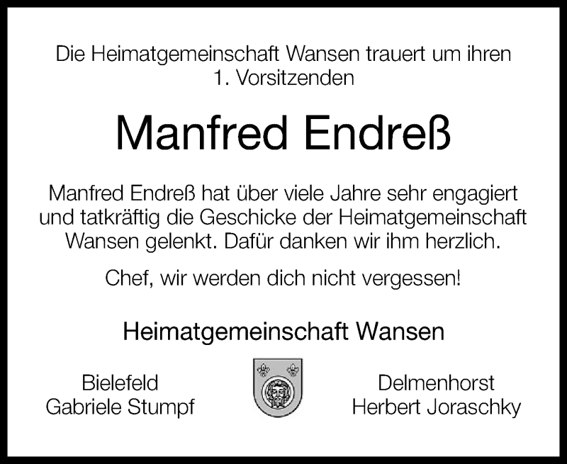  Traueranzeige für Manfred Endreß vom 04.01.2014 aus Neue Westfälische