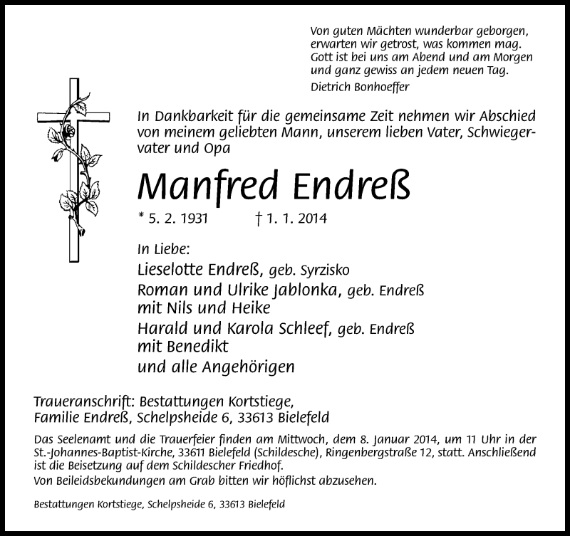  Traueranzeige für Manfred Endreß vom 04.01.2014 aus Neue Westfälische