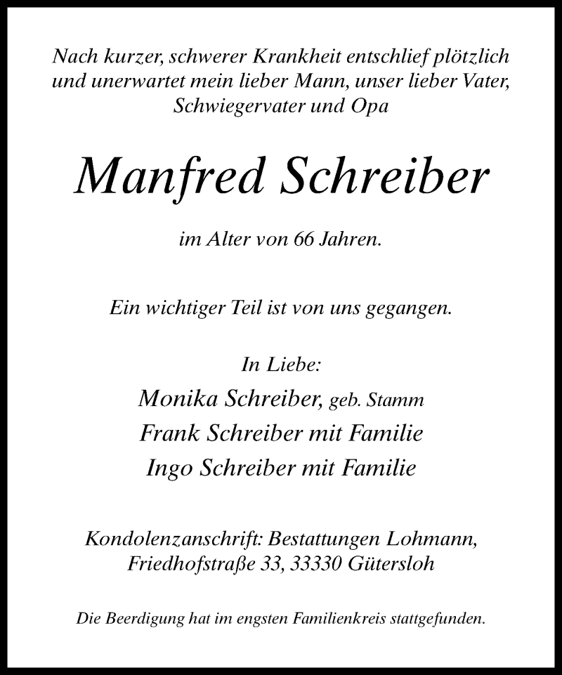  Traueranzeige für Manfred Schreiber vom 09.01.2014 aus Neue Westfälische