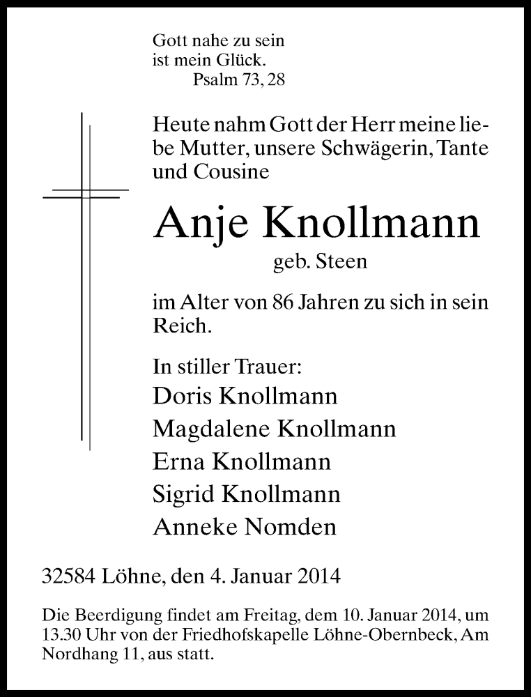  Traueranzeige für Anje Knollmann vom 07.01.2014 aus Neue Westfälische