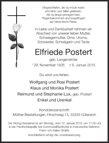 Traueranzeige von Elfriede Postert von Neue Westfälische