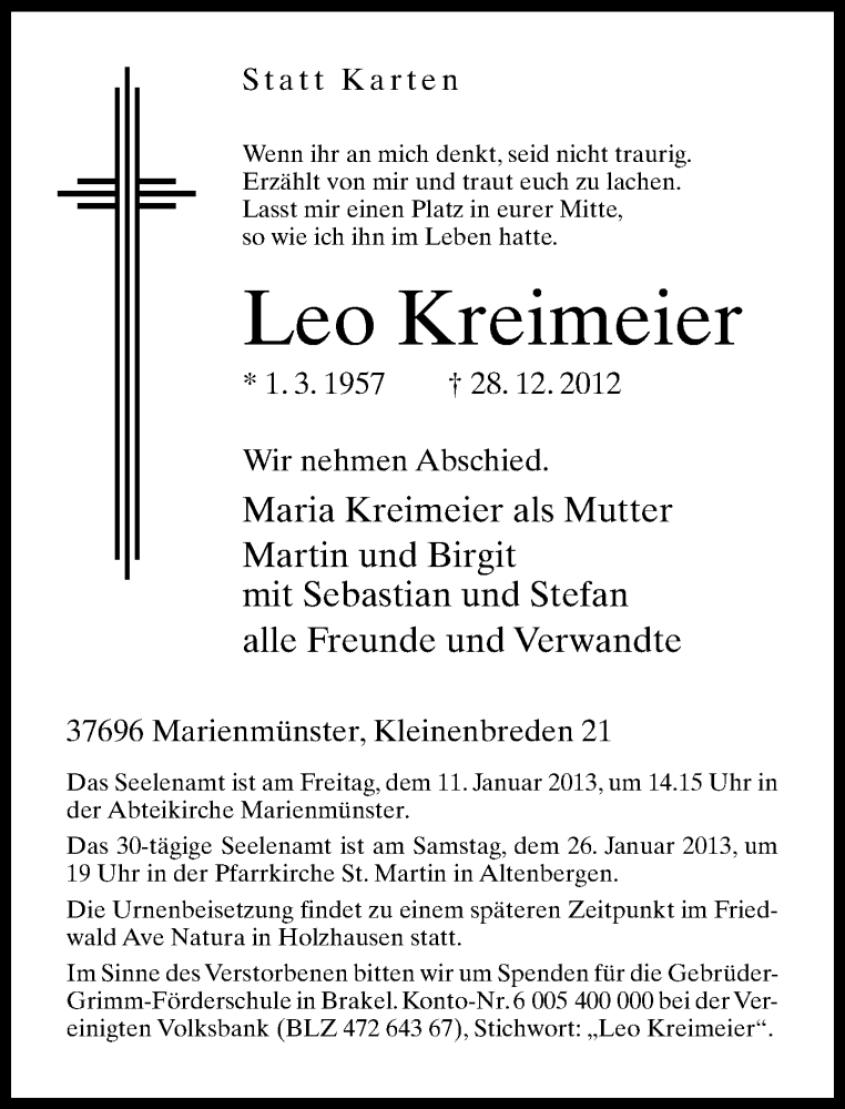  Traueranzeige für Leo Kreimeier vom 05.01.2013 aus Neue Westfälische