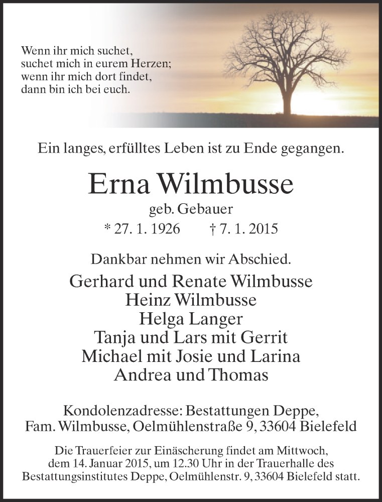  Traueranzeige für Erna Wilmbusse vom 10.01.2015 aus Neue Westfälische