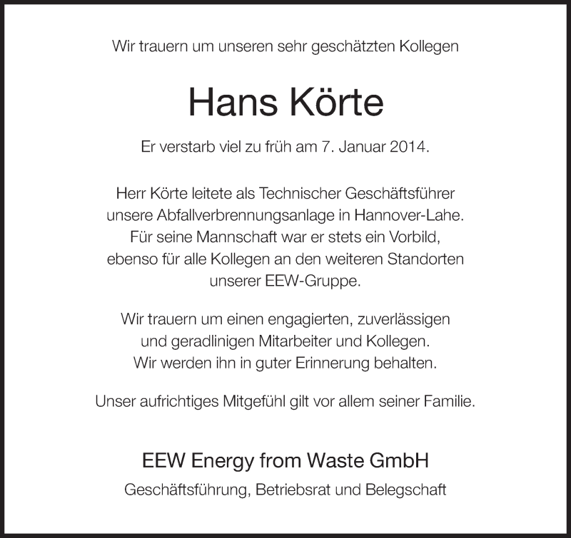  Traueranzeige für Hans Körte vom 09.01.2014 aus Neue Westfälische