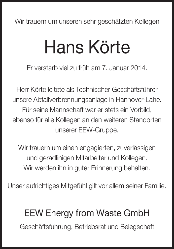  Traueranzeige für Hans Körte vom 09.01.2014 aus Neue Westfälische