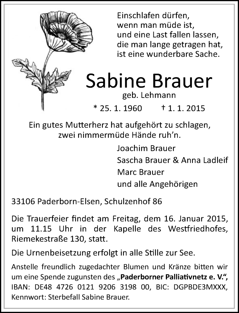  Traueranzeige für Sabine Brauer vom 10.01.2015 aus Neue Westfälische