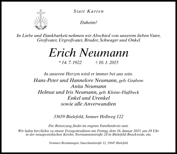 Traueranzeige von Erich Neumann von Neue Westfälische