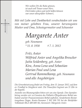 Traueranzeige von Margarete Anter von Neue Westfälische