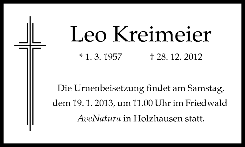  Traueranzeige für Leo Kreimeier vom 12.01.2013 aus Neue Westfälische