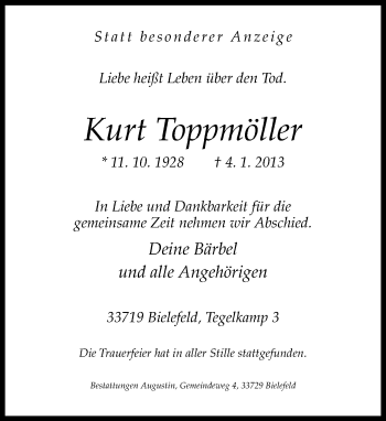 Traueranzeige von Kurt Toppmöller von Neue Westfälische