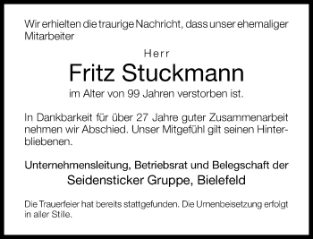 Traueranzeige von Fritz Stuckmann von Neue Westfälische