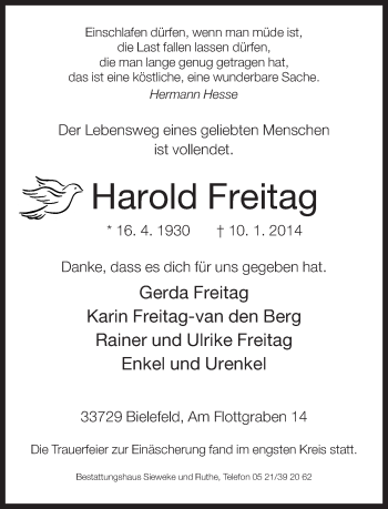 Traueranzeige von Harold Freitag von Neue Westfälische