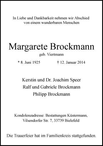 Traueranzeige von Margarete Brockmann von Neue Westfälische