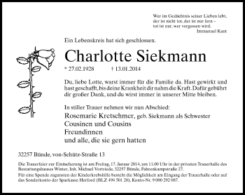 Traueranzeige von Charlotte Siekmann von Neue Westfälische