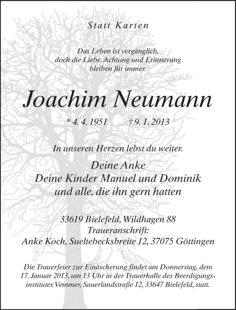  Traueranzeige für Joachim Neumann vom 12.01.2013 aus Neue Westfälische