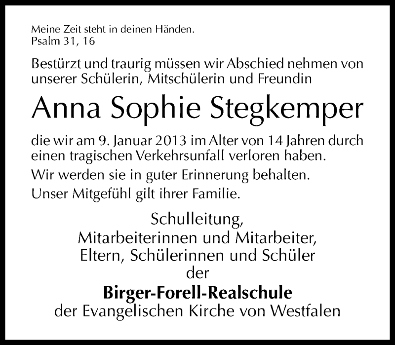  Traueranzeige für Anna Sophie  Stegkemper vom 14.01.2013 aus Neue Westfälische