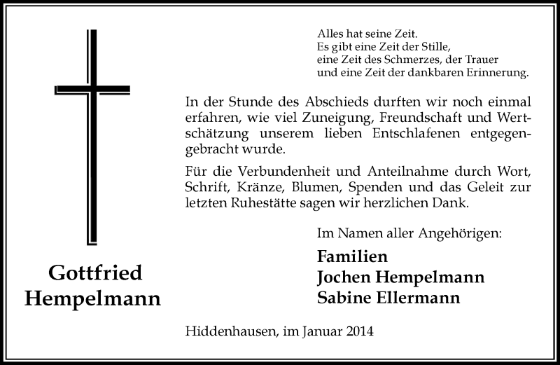  Traueranzeige für Gottfried Hempelmann vom 18.01.2014 aus Neue Westfälische