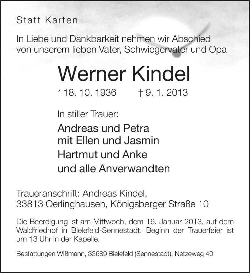  Traueranzeige für Werner Kindel vom 12.01.2013 aus Neue Westfälische