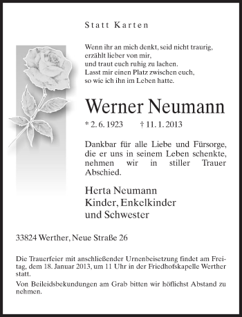 Traueranzeige von Werner Neumann von Neue Westfälische