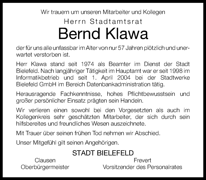  Traueranzeige für Bernd Klawa vom 16.01.2014 aus Neue Westfälische