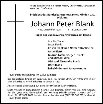 Traueranzeige von Johann Peter Blank von Neue Westfälische