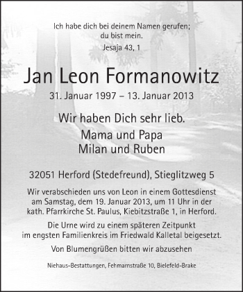 Traueranzeige von Jan Leon  Formanowitz von Neue Westfälische